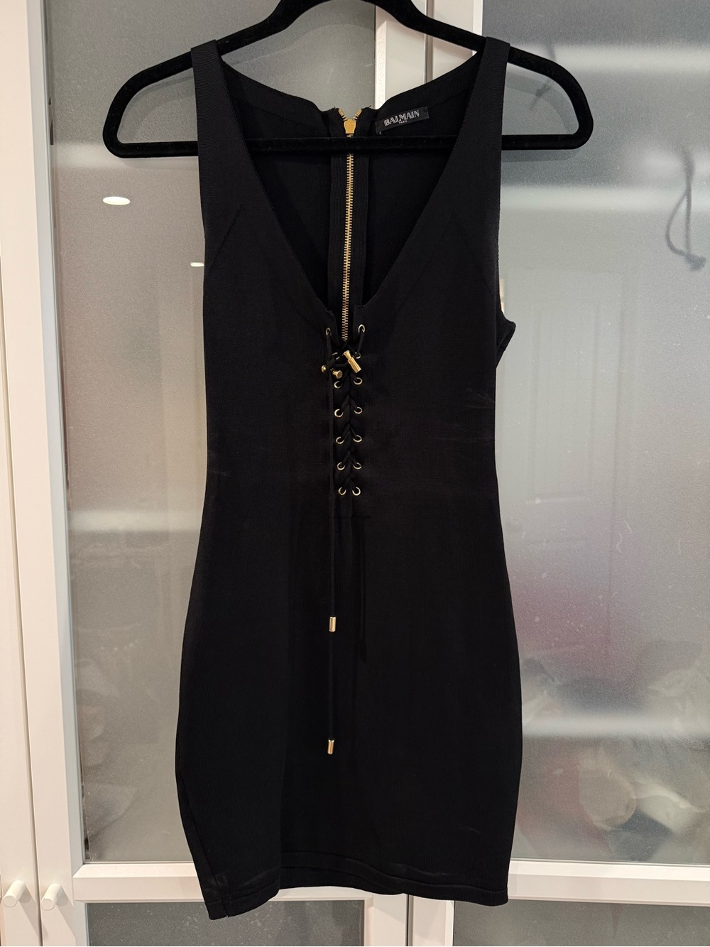 Balmain Black Lace-Up V-Neck Bodycon Dress 36